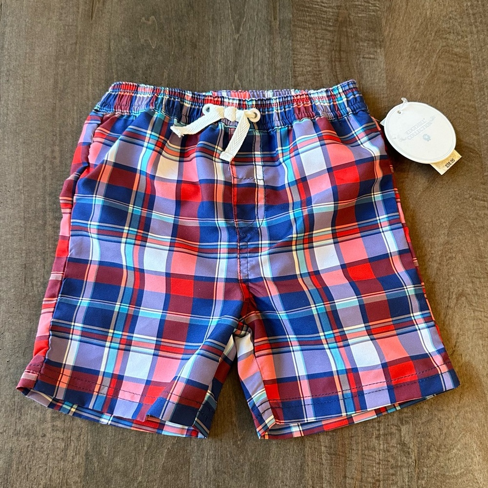 Edgehill Collection Plaid Red White and Blue Swim Trunks Shorts Swimsuit 12-18mo